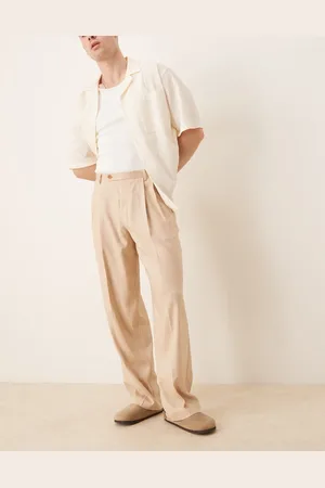 ASOS Smart wide leg pants with double front pleats in microtexture-Neutral