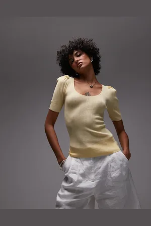 & OTHER STORIES Knitted mixed rib top with scoop neck and puff sleeves in -Brown
