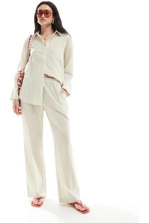 4th & Reckless Lightweight linen look wide leg beach pants in (part of a set)-Green