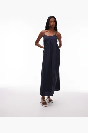 ARKET Pure cotton poplin maxi beach dress with spaghetti straps in blue