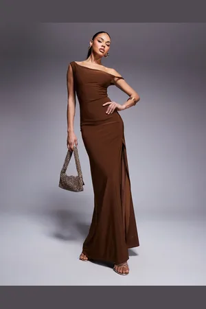 ASOS Twist shoulder maxi dress with lace up back in -Brown