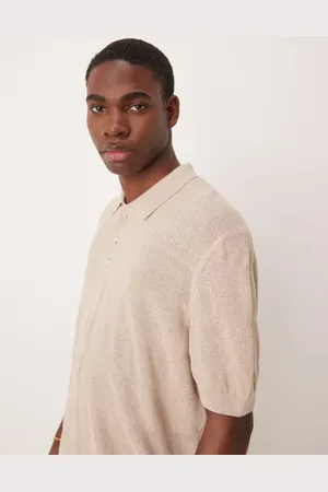 ASOS Relaxed boxy knitted polo in beige-Neutral