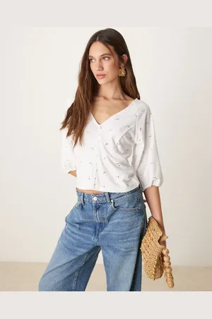 VILA Half sleeve button front broderie top in white