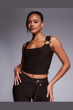 Kaiia Slinky square neck gold hardware detail crop top in (part of a set)-Brown