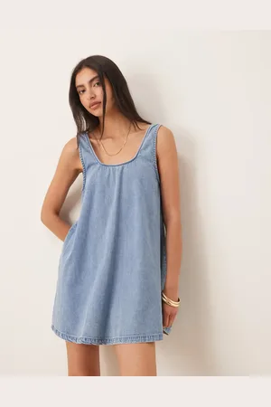 ASOS Low back scoop neck dress in lightwash blue