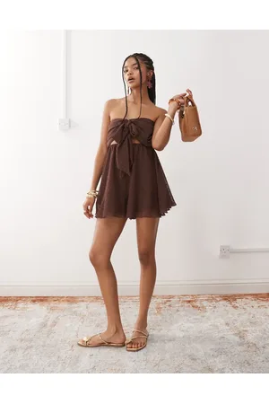 Miss Selfridge Beach chiffon tie front playsuit in -Brown