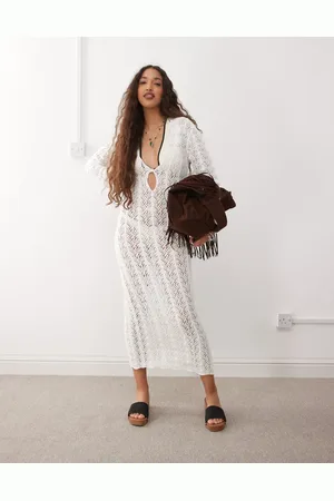 Lioness Soiree plunge neck keyhole detail crochet beach maxi dress in white