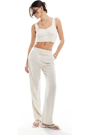 ONLY Straight leg linen mix pants in stone pinstripe (part of a set)-Neutral