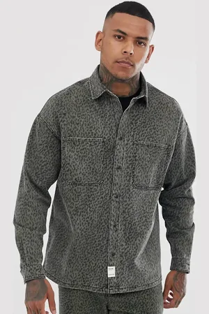 Bershka Co-ord denim shirt with animal print in green