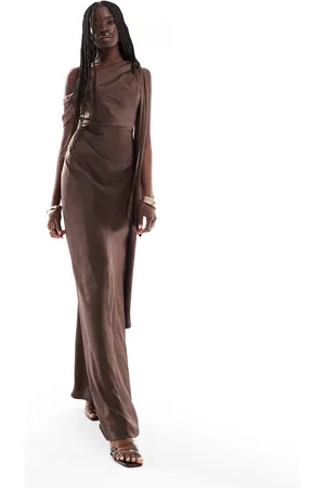 Six Stories Bow one shoulder satin maxi bridesmaid dress in chocolate brown