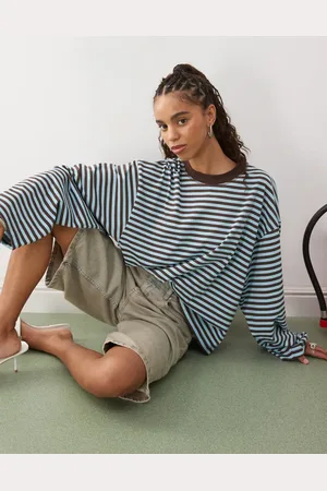 Lioness Bloom long sleeve crew neck boxy t-shirt in blue and brown stripe-Multi