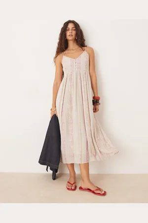 Y.A.S Festival cami midi dress with button front detail in cream floral stripe-White