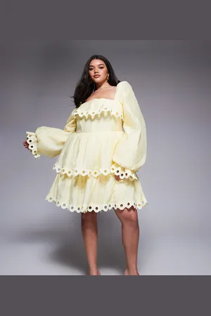 ASOS Curve tiered puff sleeve mini dress with cut out trim in -Yellow