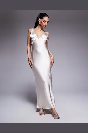 Princess Polly Satin plunge cowl back maxi dress in champagne-White