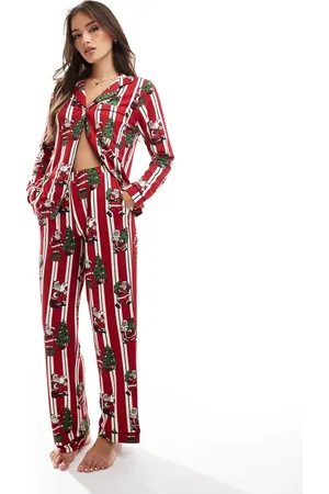 Chelsea Peers Poly Christmas His & Hers long sleeve revere shirt and pants pyjama set in vintage santa stripe print