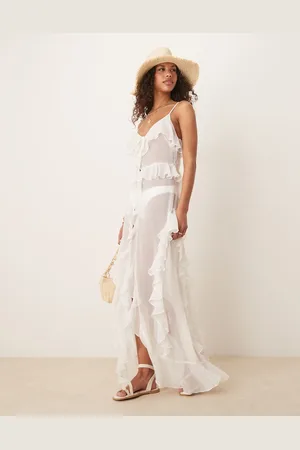 Miss Selfridge Beach chiffon ruffle cami maxi cover up in -White