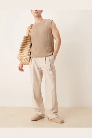 ASOS Smart wide leg belted pantss with front pleat in -Neutral
