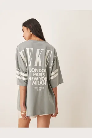 ASOS Weekend Collective Icon oversized t-shirt with stacked back logo in sage and cream-Green