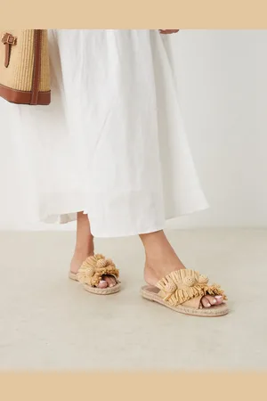 ASOS Jovie raffia pom pom espadrille mules in natural-Neutral