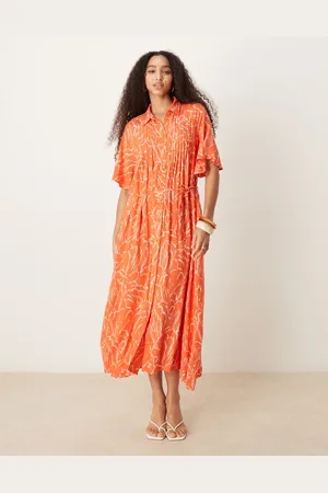 Y.A.S Belted button front fluted sleeve dress in orange floral print-Red