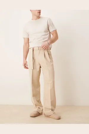 ASOS Smart belted wide leg pants with front double pleats in -Neutral