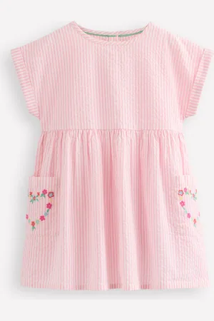 Boden Short-sleeved woven tunic-Ticking Pink Embroidery Girls