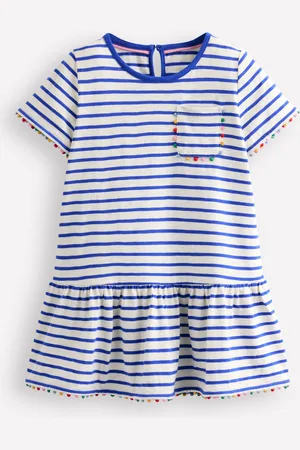 Boden Dropped Waist Pom Tunic-Orion Blue/ Ivory Girls
