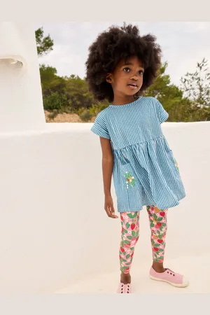 Boden Short-sleeved woven tunic-Ticking Blue Embroidery Girls