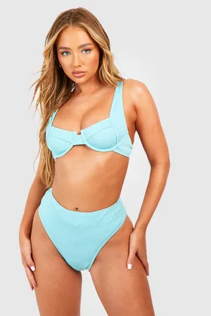 Buy Boohoo Crinkle Scoop Neck Bikini Top In Blue