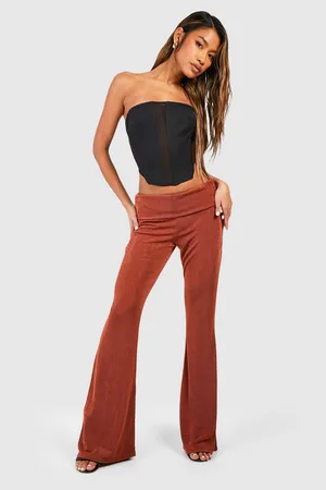Brown Acetate Slinky Ruched Flared Pants