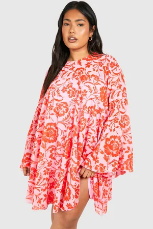 Boohoo Plus Floral Print Flared Sleeve Smock Dress - - 16