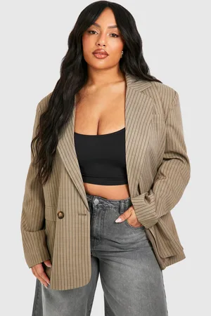 Boohoo Plus Linen Look Pinstripe Double Breasted Blazer - - 16