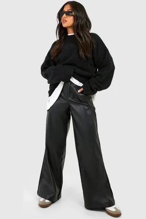Boohoo Petite Leather Look Wide Fit Pants - - 6