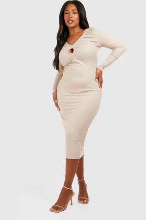 Boohoo Plus Rib Key Hole Detail Long Sleeve Midi Dress - - 16