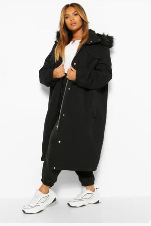 Boohoo Plus Longline Faux Fur Trim Parka Coat - - 22