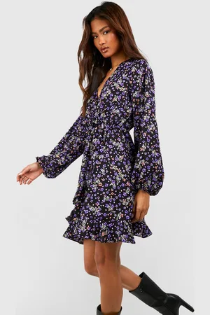Boohoo Tall Floral Print Ruffle Wrap Skater Dress - - 8