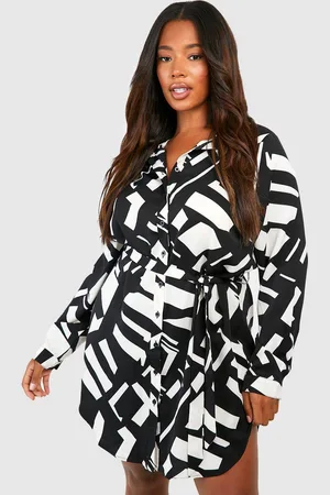 Boohoo Plus Mono Printed Tie Belt Shirt Dress - - 20