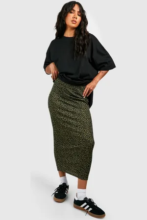 Boohoo Leopard Ribbed Midi Skirt - - 12
