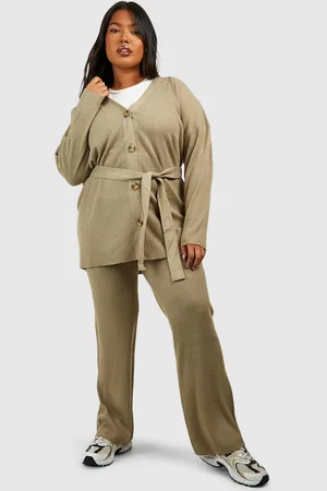 Boohoo Plus Slouchy Belted Cardigan And Wide Leg Knit Set - - 18