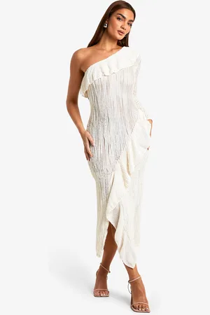 Boohoo One Shoulder Ruffle Sheer Knitted Midaxi Dress - - 14