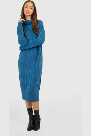 Boohoo Cable Knit Turtleneck Midi Dress - - S