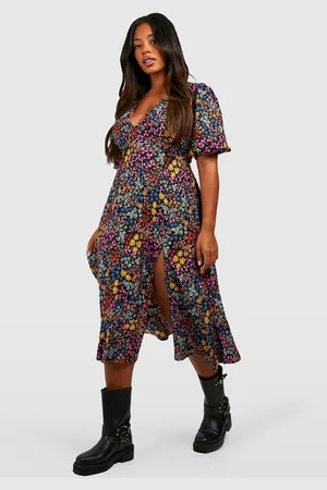 Boohoo Plus Floral Print Midi Smock Dress - - 16