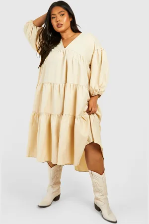 Boohoo Plus Poplin V Neck Tiered Midi Smock Dress - - 20