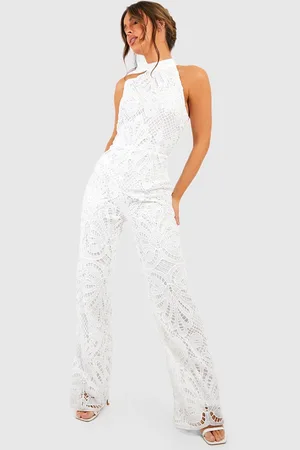 Boohoo Halter Neck Crochet Wide Leg Jumpsuit - - 10