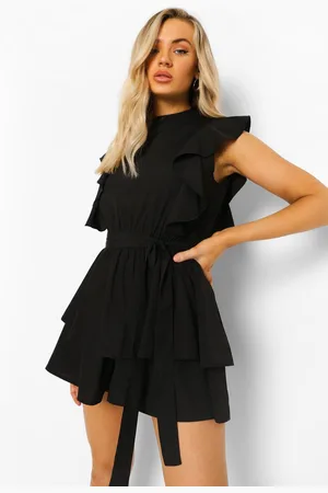 Boohoo High Neck Frill Detail Belted Playsuit - - 14