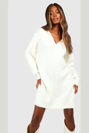 Boohoo Soft Wide Rib Knit Collared Jumper Dress - - 10