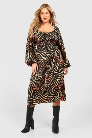 Boohoo Plus Animal Print Ruched Bust Midi Dress - - 28