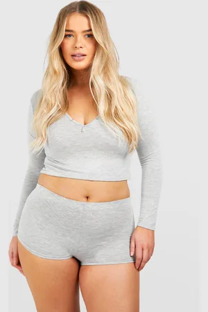 Boohoo Plus Peached Long Sleeve Button Front Short Set - - 16