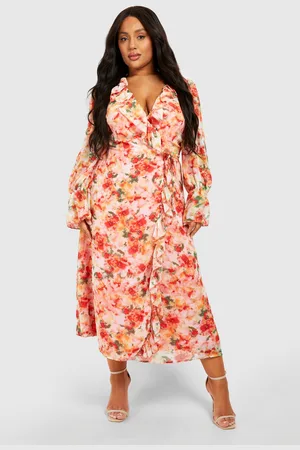 Boohoo Plus Floral Print Ruffle Wrap Midi Dress - - 28