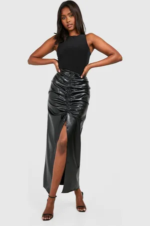 Boohoo Ruched Leather Look Split Maxi Skirt - - 6